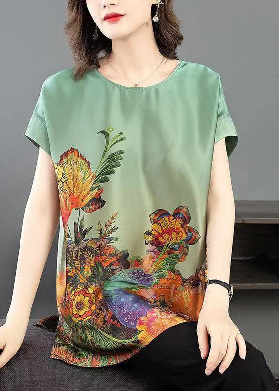 Bohemian Green O-Neck Side Open Print Silk Tanks Short Sleeve