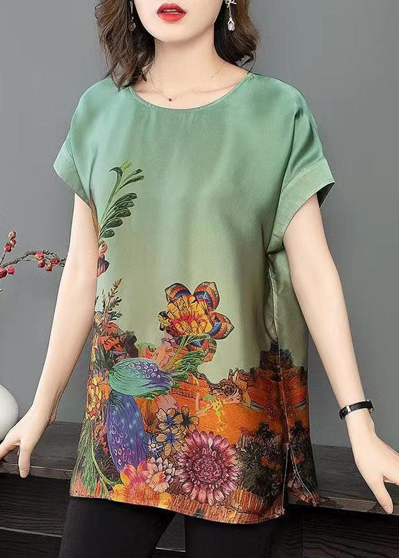 Bohemian Green O-Neck Side Open Print Silk Tanks Short Sleeve