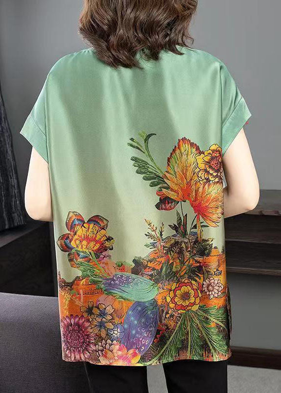 Bohemian Green O-Neck Side Open Print Silk Tanks Short Sleeve