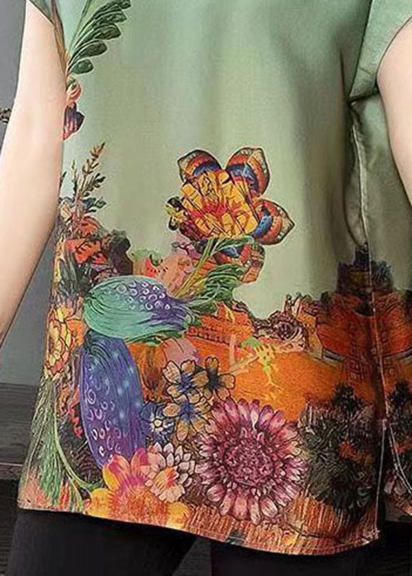 Bohemian Green O-Neck Side Open Print Silk Tanks Short Sleeve