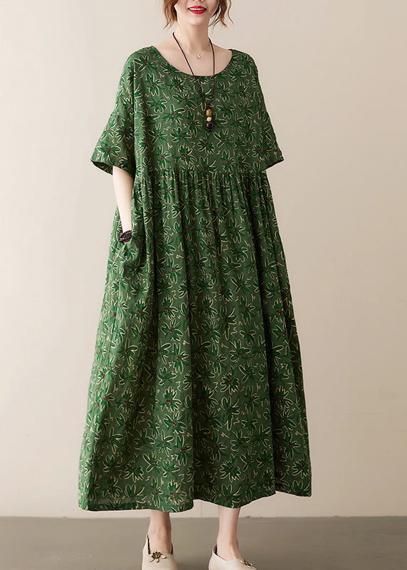 Bohemian Green O-Neck Wrinkled Exra Large Hem Print Cotton Long Dress Summer