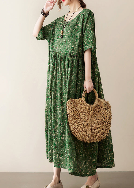 Bohemian Green O-Neck Wrinkled Exra Large Hem Print Cotton Long Dress Summer