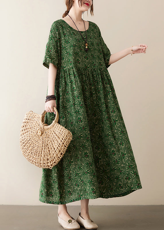 Bohemian Green O-Neck Wrinkled Exra Large Hem Print Cotton Long Dress Summer