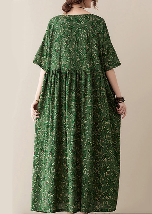 Bohemian Green O-Neck Wrinkled Exra Large Hem Print Cotton Long Dress Summer