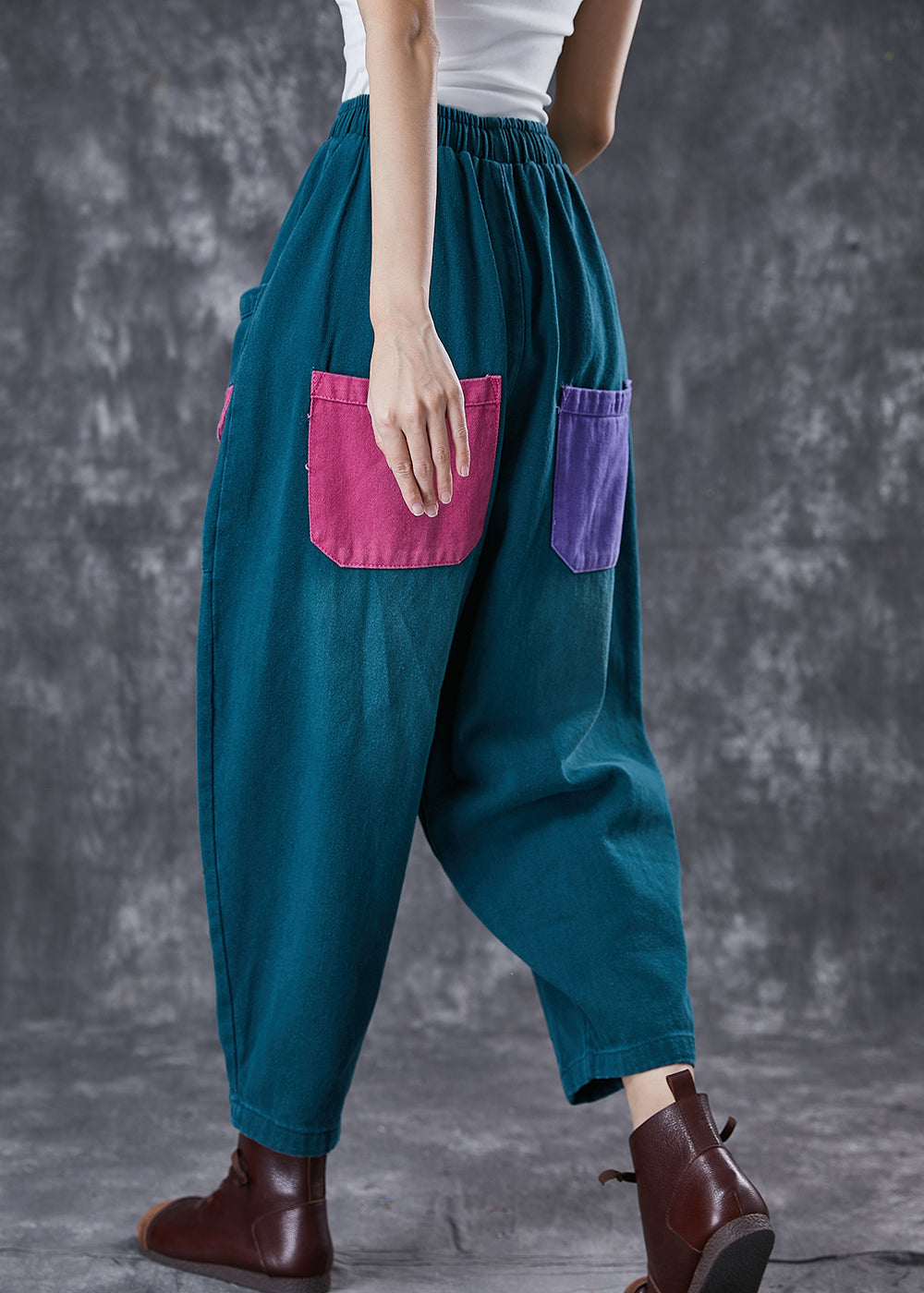 Bohemian Green Oversized Patchwork Pockets Cotton Harem Pants Spring