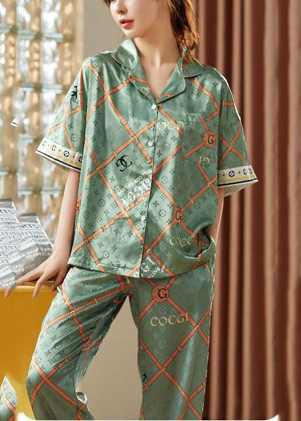 Bohemian Green Oversized Print Ice Silk Pajamas Two Pieces Set Short Sleeve