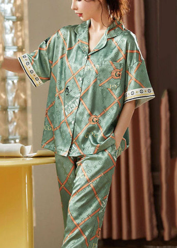 Bohemian Green Oversized Print Ice Silk Pajamas Two Pieces Set Short Sleeve