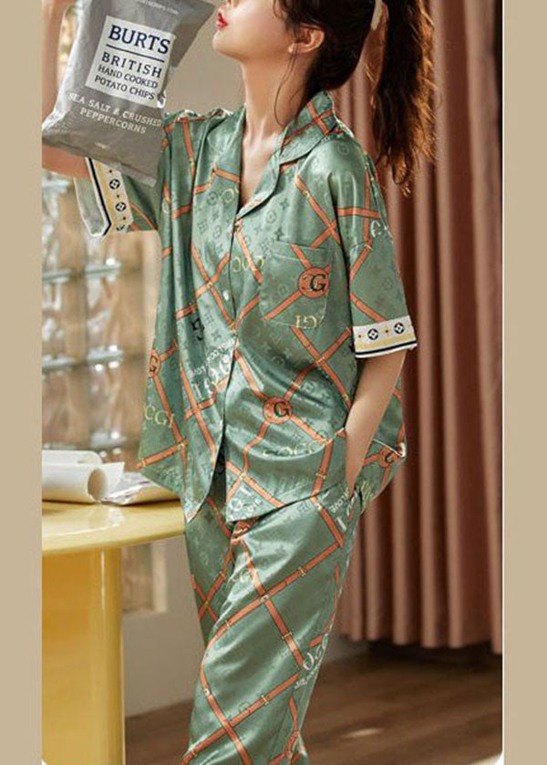 Bohemian Green Oversized Print Ice Silk Pajamas Two Pieces Set Short Sleeve