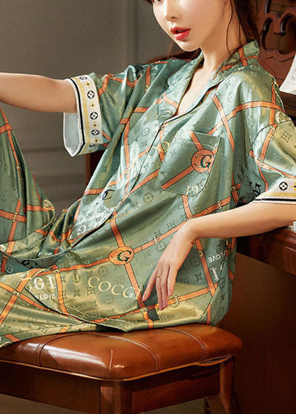 Bohemian Green Oversized Print Ice Silk Pajamas Two Pieces Set Short Sleeve