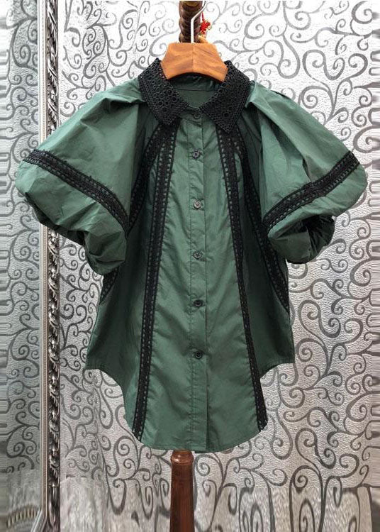 Bohemian Green Peter Pan Collar Hollow Out Patchwork Cotton Blouses Summer