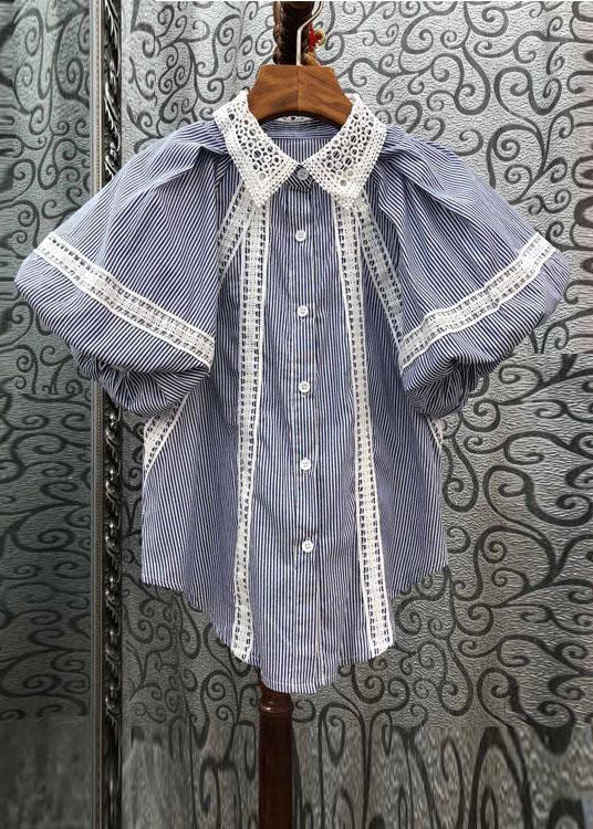 Bohemian Green Peter Pan Collar Hollow Out Patchwork Cotton Blouses Summer