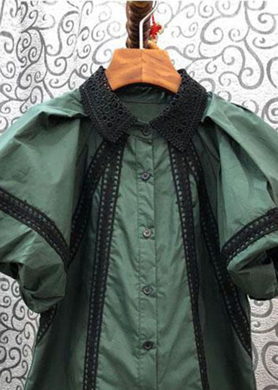 Bohemian Green Peter Pan Collar Hollow Out Patchwork Cotton Blouses Summer