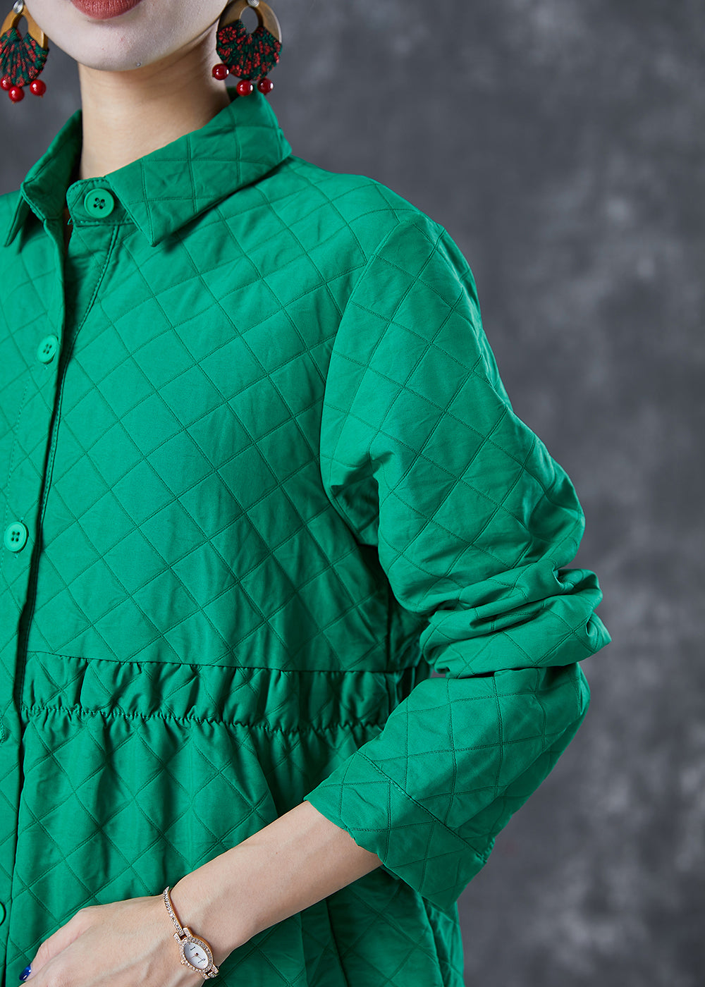 Bohemian Green Peter Pan Collar Plaid Cotton Coat Fall