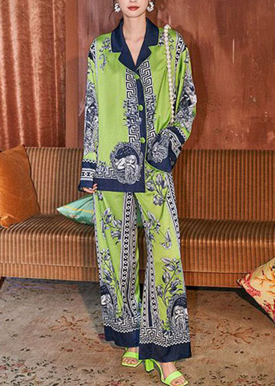 Bohemian Green Peter Pan Collar Print Ice Silk Pajamas Two Pieces Set Spring