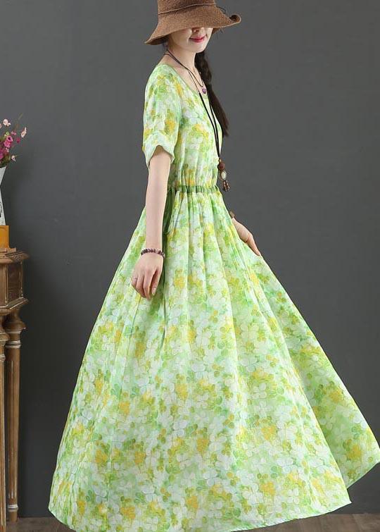 Bohemian Green Print Linen tie waist Summer Dress - Omychic