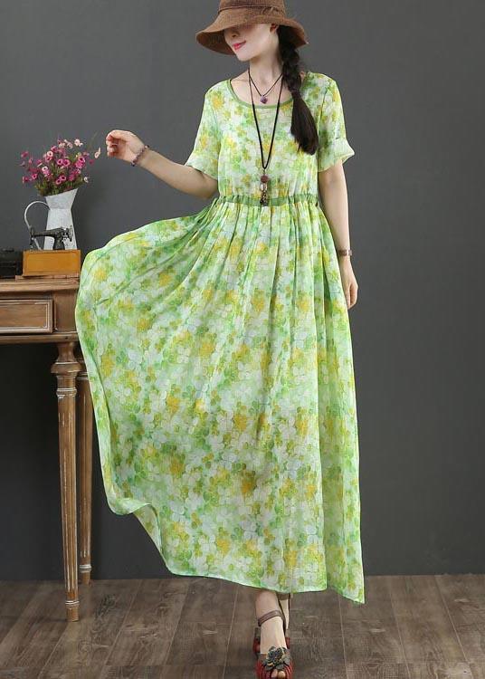 Bohemian Green Print Linen tie waist Summer Dress - Omychic