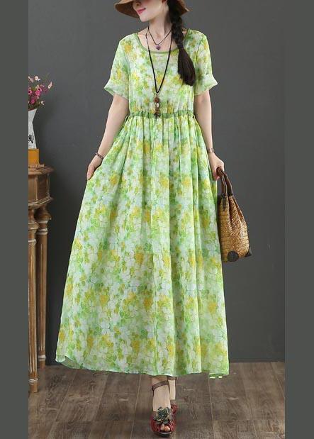 Bohemian Green Print Linen tie waist Summer Dress - Omychic