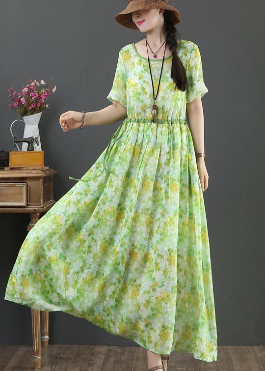 Bohemian Green Print Linen tie waist Summer Dress - Omychic