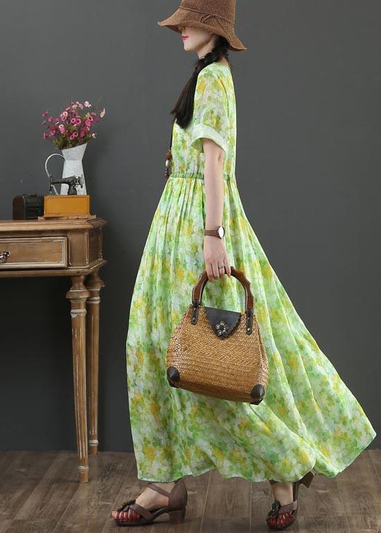 Bohemian Green Print Linen tie waist Summer Dress - Omychic