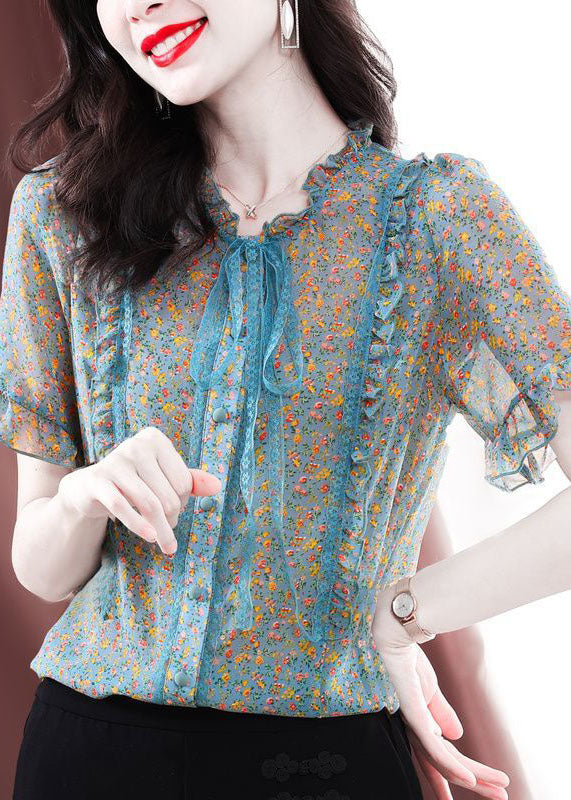 Bohemian Green Ruffled Print Chiffon Blouses Summer