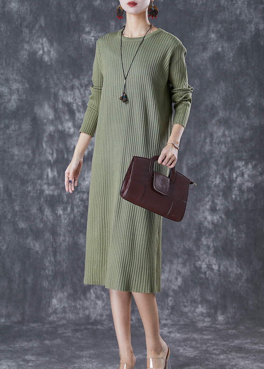 Bohemian Green Slim Fit Knit Long Dress Fall