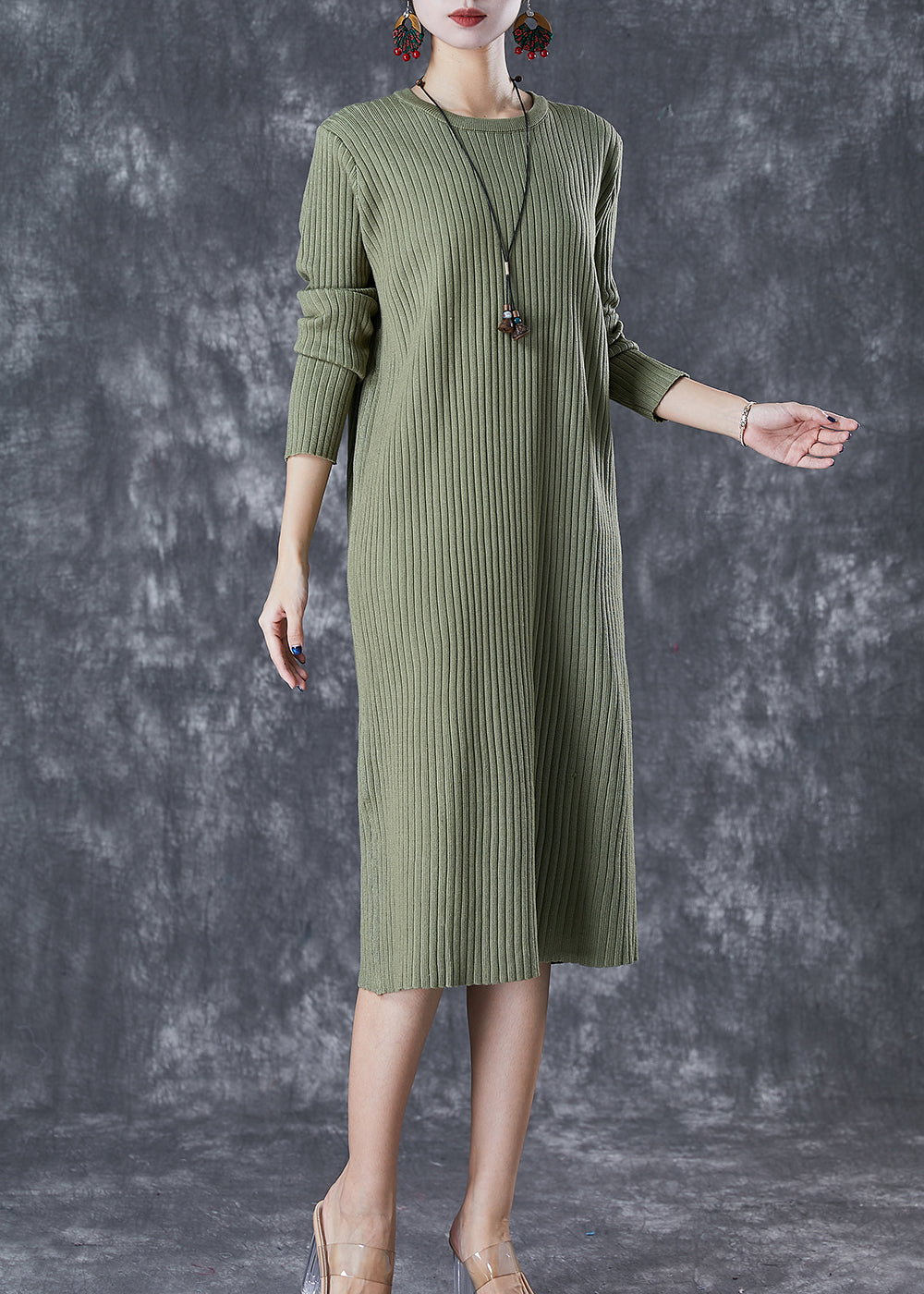 Bohemian Green Slim Fit Knit Long Dress Fall