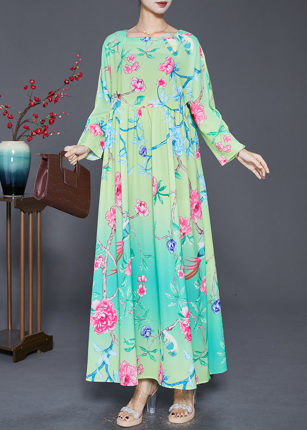 Bohemian Green Square Collar Print Silk Holiday Dresses Fall