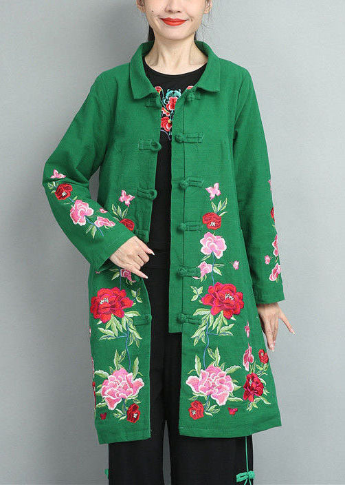Bohemian Green Stand Collar Embroideried Cotton Coats Fall