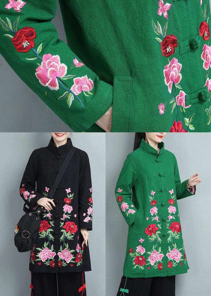 Bohemian Green Stand Collar Embroideried Cotton Coats Fall