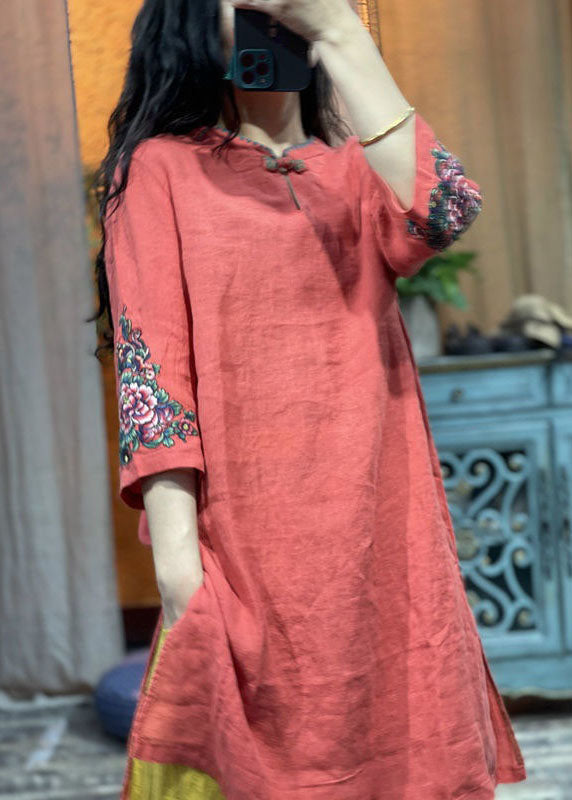 Bohemian Green Stand Collar Embroidered Patchwork Linen Shirts Summer