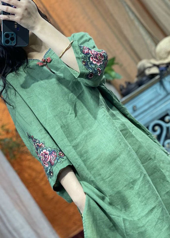 Bohemian Green Stand Collar Embroidered Patchwork Linen Shirts Summer