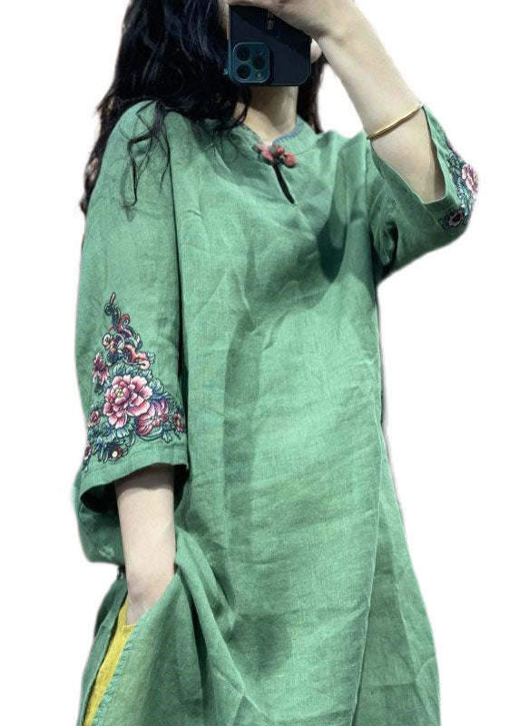 Bohemian Green Stand Collar Embroidered Patchwork Linen Shirts Summer