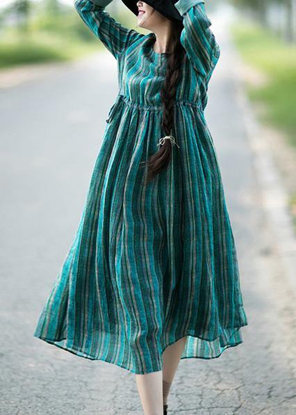 Bohemian Green Striped Tunic Pattern O Neck Drawstring Kaftan Dresses - Omychic