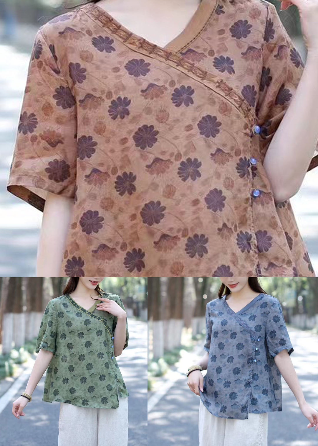 Bohemian Green V Neck Print Patchwork Linen Shirts Summer