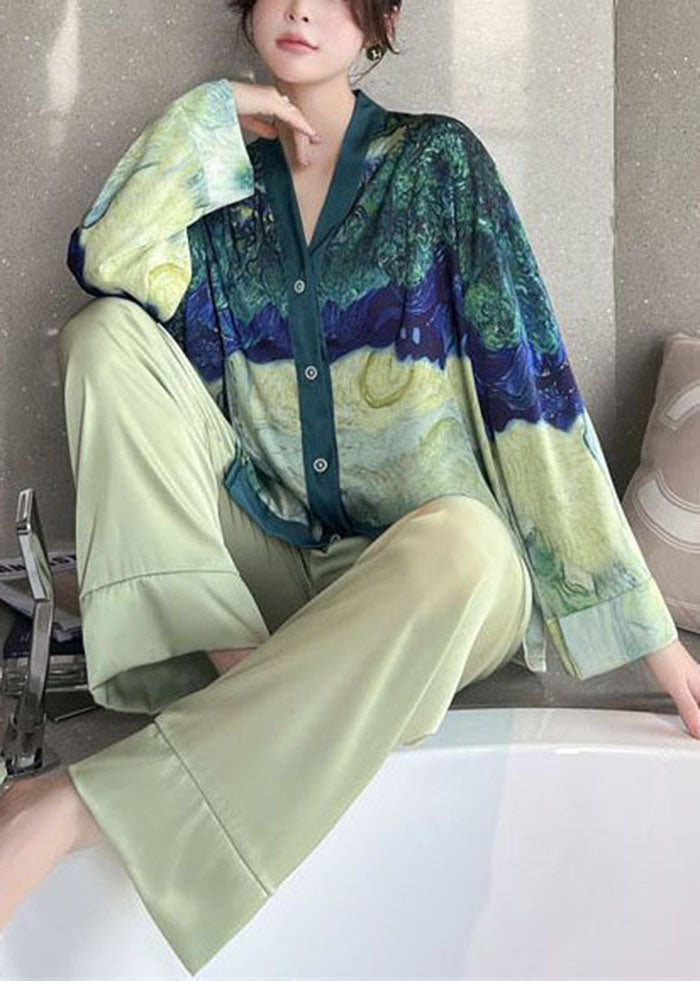 Bohemian Green V Neck Tie Dye Ice Silk Pajamas Two Pieces Set Spring
