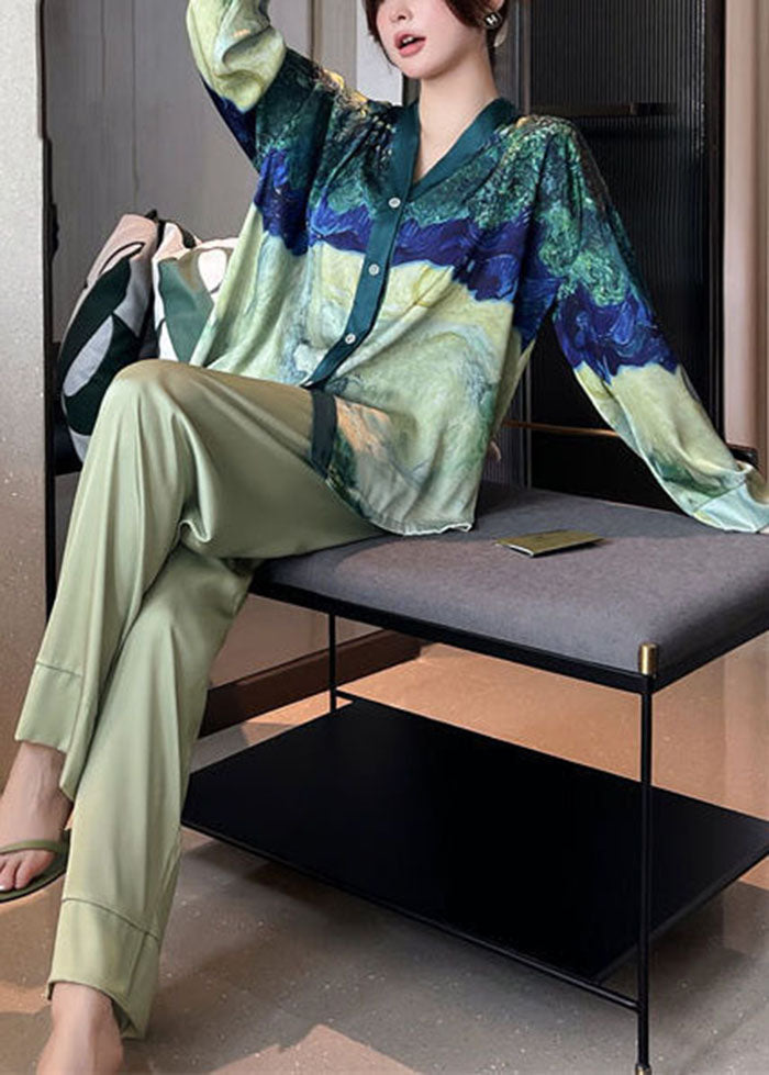 Bohemian Green V Neck Tie Dye Ice Silk Pajamas Two Pieces Set Spring