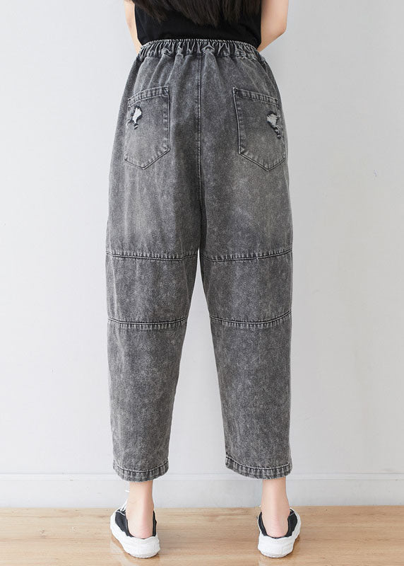 Bohemian Grey Embroideried Patchwork Applique Cotton Denim Pants Spring