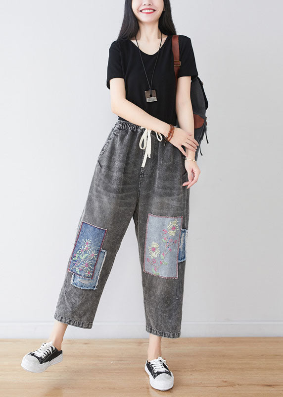 Bohemian Grey Embroideried Patchwork Applique Cotton Denim Pants Spring