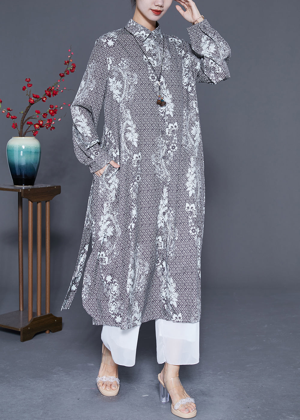 Bohemian Grey Oversized Print Side Open Chiffon Shirt Dress Summer