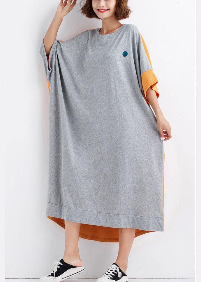 Bohemian Grey Patchwork Orange Low High Graphic Summer Half Sleeve Vacation Dress - Omychic