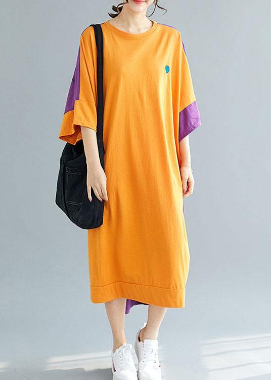 Bohemian Grey Patchwork Orange Low High Graphic Summer Half Sleeve Vacation Dress - Omychic