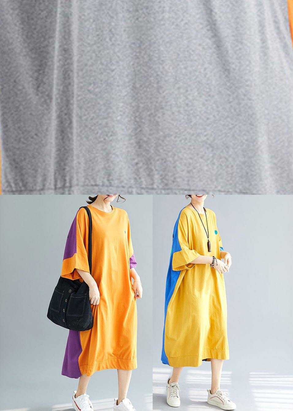 Bohemian Grey Patchwork Orange Low High Graphic Summer Half Sleeve Vacation Dress - Omychic