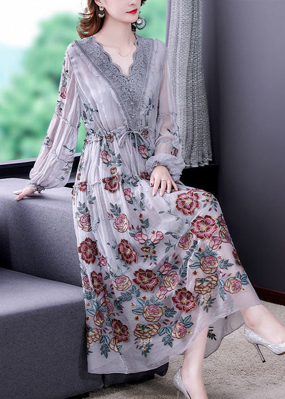 Bohemian Grey V Neck Patchwork Embroideried Tulle Cinched Dress Spring