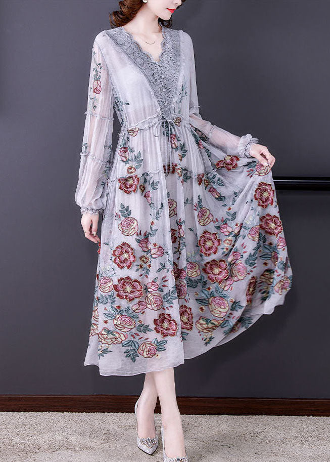 Bohemian Grey V Neck Patchwork Embroideried Tulle Cinched Dress Spring