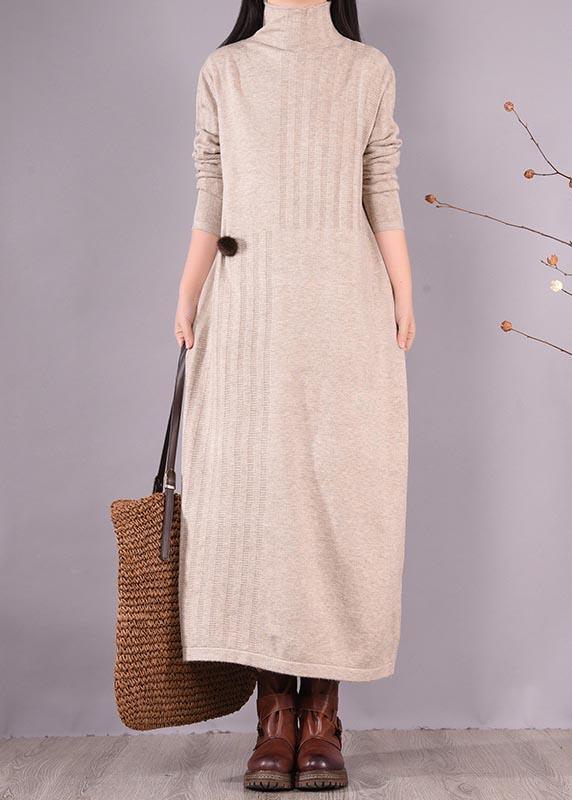 Bohemian High Neck Spring Dresses Wardrobes Beige Vestidos De Lino Dress - Omychic