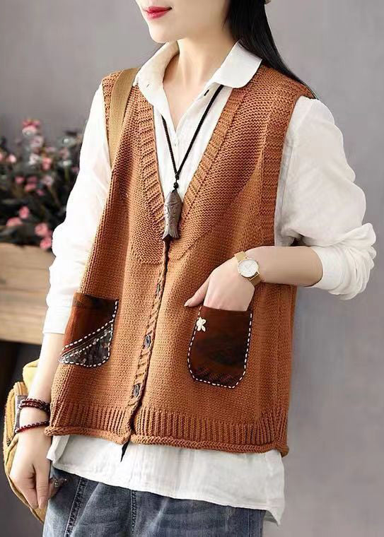 Bohemian Khaki Button Pockets Patchwork Cotton Knit Waistcoat Sleeveless