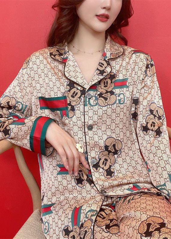 Bohemian Khaki Mickey Print Peter Pan Collar Ice Silk Pajamas Two Piece Set Spring