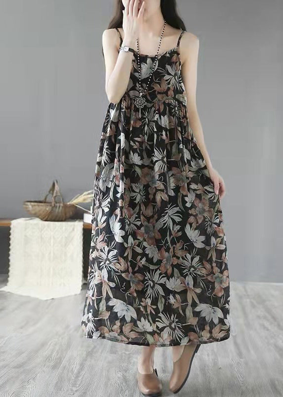 Bohemian Khaki Print Wrinkled Linen Spaghetti Strap Dress Sleeveless