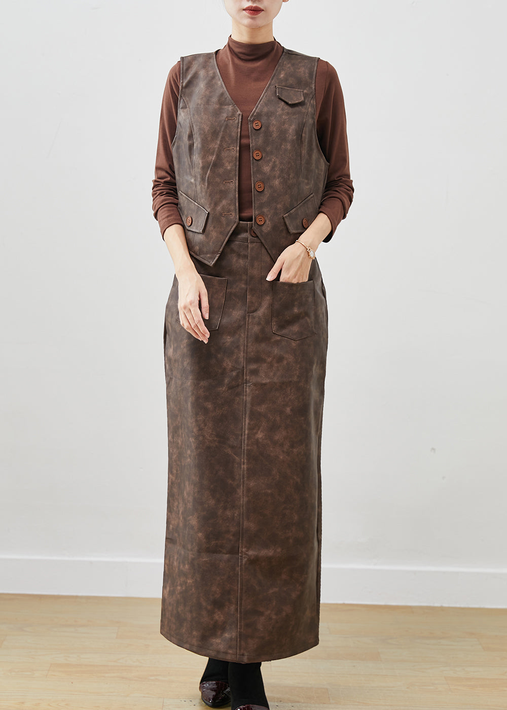 Bohemian Khaki Tie Dye Faux Leather Two Piece Set Women Clothing Winter