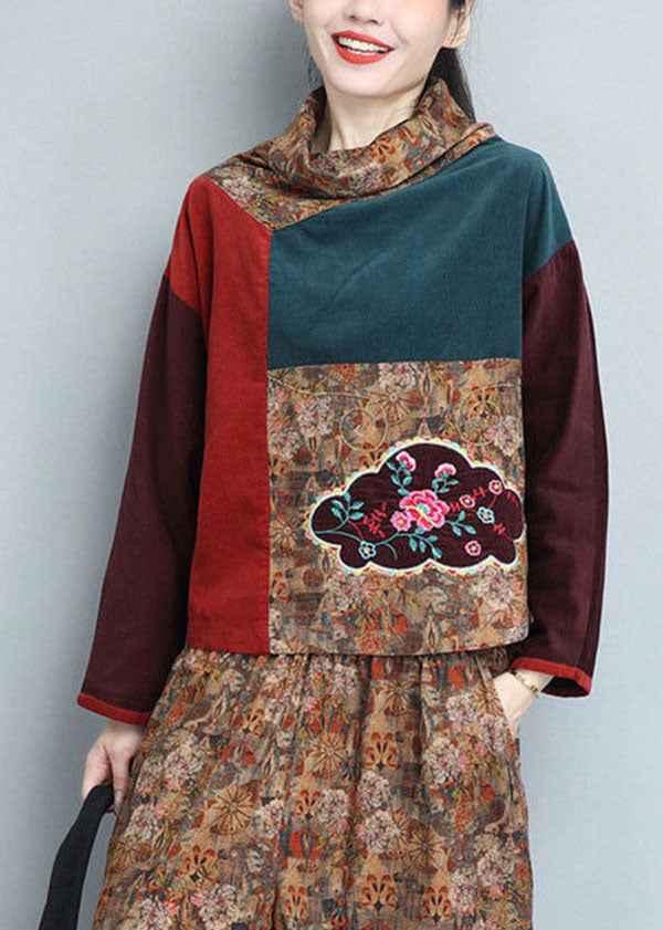 Bohemian Khaki Turtle Neck Embroideried Patchwork Corduroy Two Piece Set Outfits Winter